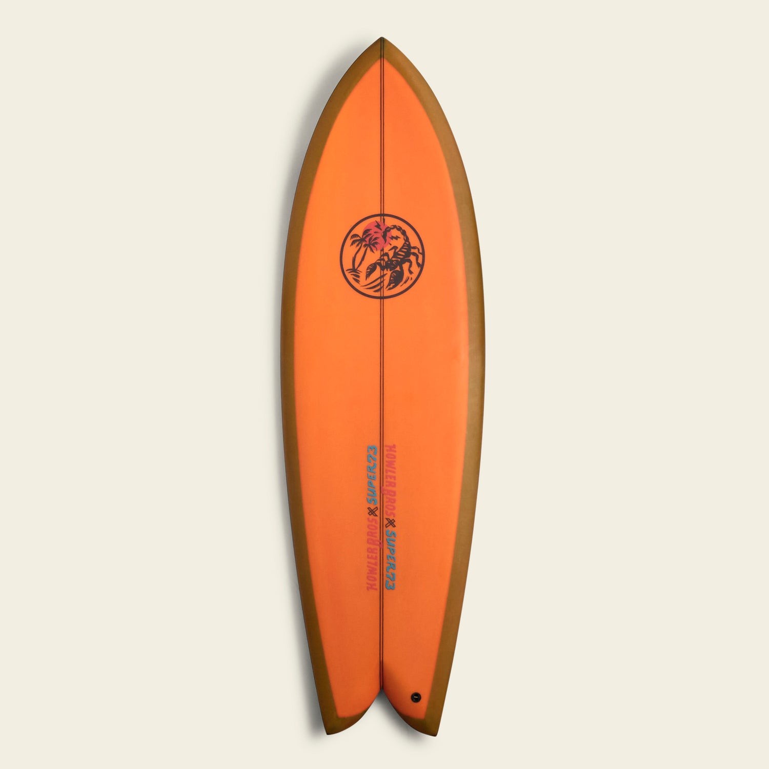 An orange Almond Surfboards surfboard with brown edges and a swallowtail design stands vertically against a light background. The board features a black logo of two palm trees and a person near the top, plus blue text near the bottom.