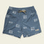 Blue boardshorts with a white abstract pattern, an elastic waistband with a beige drawstring, and a small Howler patch on the lower left leg, displayed flat on a light background.