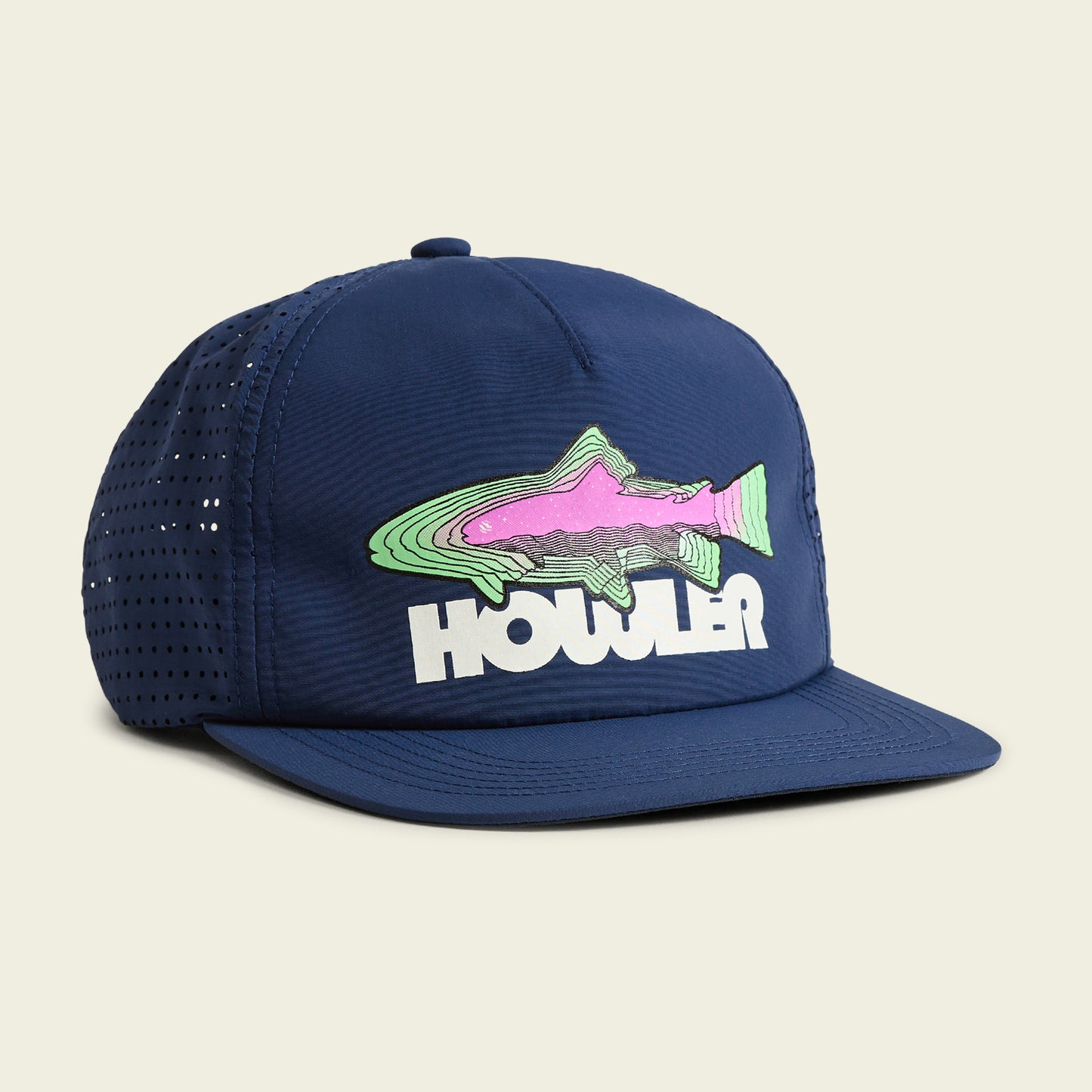 A blue mesh-back quick-drying cap featuring a colorful fish graphic above the word HOWLER in bold white letters on the front panel—perfect for outdoor adventures. - View 1