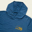 A blue hooded tech shirt with a yellow graphic of a shrimp and the word HOWLER on the chest, featuring UPF 50+ sun protection, displayed on a light background.