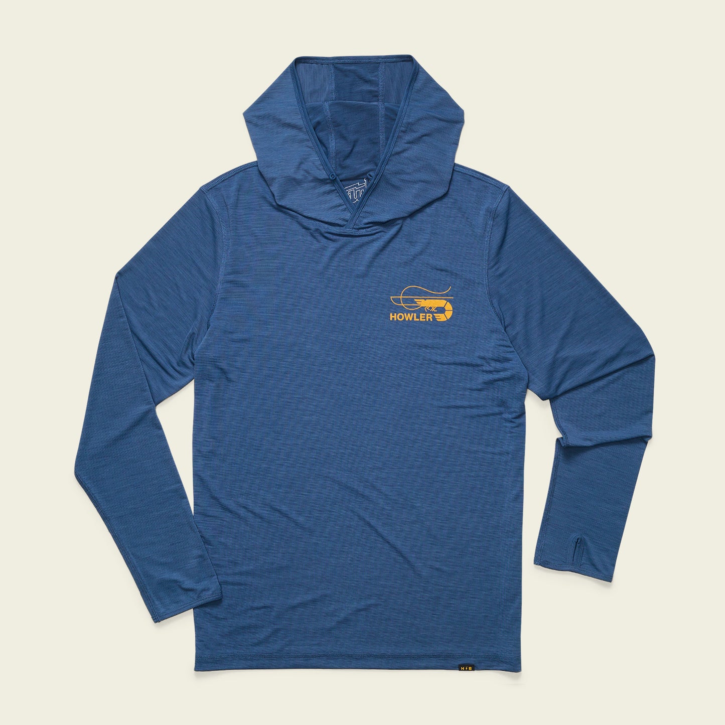 A long-sleeve, blue lightweight hoodie with a subtle stripe pattern and an orange Howler logo featuring a helicopter on the left chest. The hooded tech shirt is laid flat on a plain, light background. - View 1