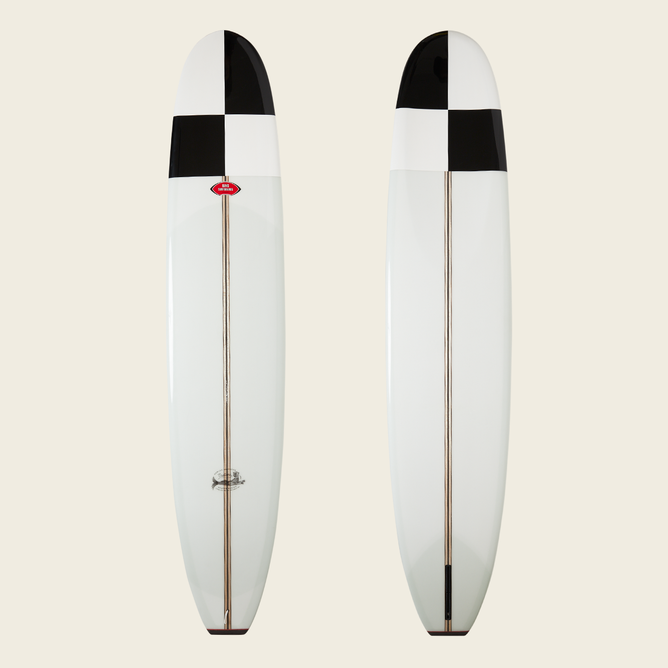 Two longboards with white decks, each featuring a black and white checkerboard pattern on the nose. Reminiscent of a traditional surfboard, these boards are ideal for noseriding, with a thin wooden stringer running down the center.